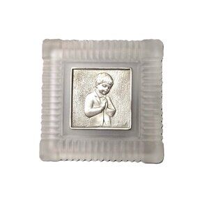 VTG Italian Glass Trinket Box • Pewter Praying Boy Linea Rena Religious Keepsake